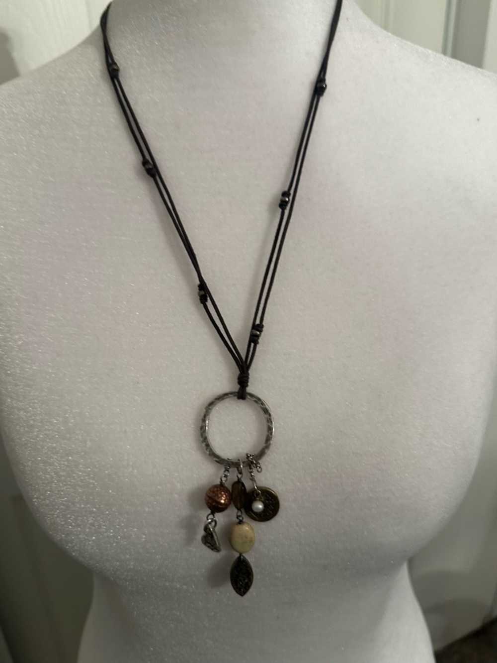 Silpada Leather Cord Pendant Necklace with Brown and Cream Charms